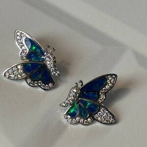 RARE SILVER EARRINGS WITH INLAY GREEN BLUE OPAL PRETTY GEMS BUTTERFLY V925